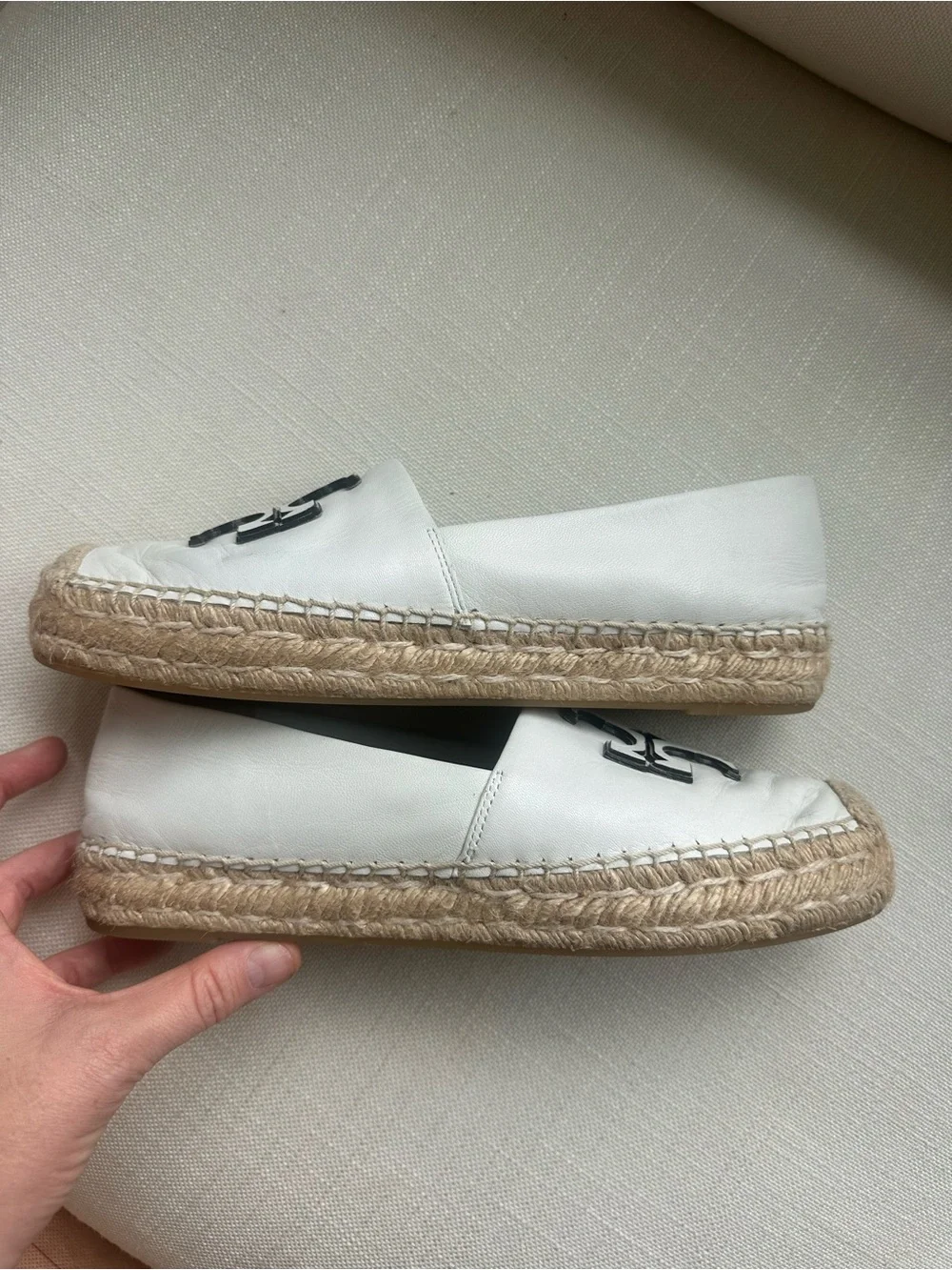 Tory Burch White Leather Espadrille Flats Double T Logo 9.5